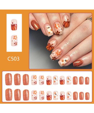 Halloween Press On Nails - Short Square Cute Ghost Flower Pumpkin Glitter - 24 Pcs Glossy Acrylic Stick On Nails for Women & Girls - Buy Online on GoSupps.com