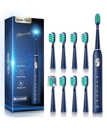 Dada-Tech Electric Toothbrush for Adults with 90% Rounded Bristles Sonic Toothbrush Rechargeable with 5 Cleaning Modes 2-Minute Timer and 9 Replacement Reminder Brush Heads (Blue)
