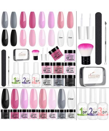 Cooserry 17Pcs Dipping Powder Nail Kit 8 Colors Gary Black Pink Dip Nails Powder Starter Set with Top&Base Coat Activator System Essential Kit with Gift Packages for French Nail Art Manicure Salon