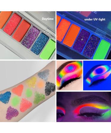 Lot de 10 fards paupi res fluorescents paillettes fluorescentes - N on UV - Mat - Paillettes color es et cr meuses - Avec pinceau - Brillance sous lumi re UV - Buy Online on GoSupps.com