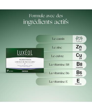 LUX OL - Pigmentation White & Gray Hair - Food Supplement - Contributes to Normal Pigmentation - Blackcurrant Vitamin E B6 B8 Copper Zinc - Made in France - 1 Month Program - 30 Capsules - Buy Online on GoSupps.com