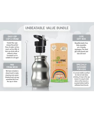 Silver 12 oz Kids Water Bottle with Straw & Handle - Eco Friendly Stainless Steel Cup - Leak Proof Lid - Cute and Easy Sip Design - Buy Online on GoSupps.com