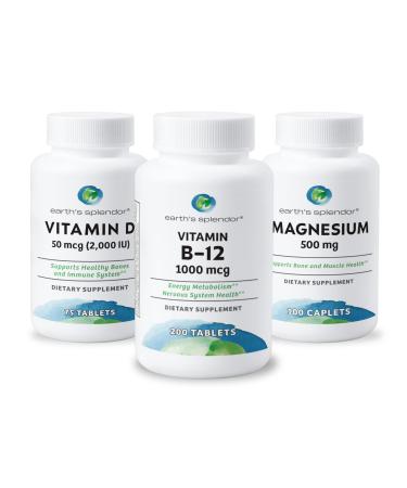 Earth's Splendor Energy & Health: Vitamin B12 (200 Tablets) Magnesium for Bone & Muscle Support (100 Caplets) Vitamin D3 2 000 IU (75 Capsules) No Artificial Additives Gluten & Wheat Free