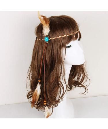 Qisogy Boho Feather Headdress | Beaded Tassel Headband | Turquoise Princess Head Chain | Brown | 48CM - Buy Online on GoSupps.com