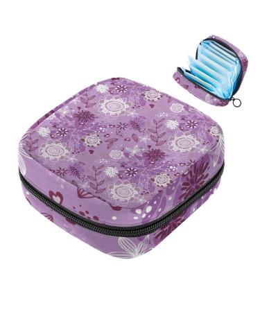 Purple flowers flower leaves white art women bandage storage bag menstruation pad bag pocket portable menstrual cup pocket with zipper for teenagers girls women color 3