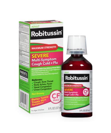 Robitussin Adult Maximum Strength Severe (8 fl. oz. Bottle) Multi-Symptom Cough Cold + Flu CF Max Non-Drowsy Raspberry Mint Flavor