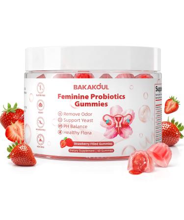 BAKAKOUL Feminine Balance Gummies for Women Vaginal Probiotics Supports pH Balance Digestive Health Vegan Gluten-Free Strawberry Flavor with Filled 60 Gummies