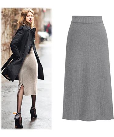 Sanahy Women's Ribbed Knit Midi Skirt - High Waist Bodycon Pencil Skirt in Gray | 3XL - Buy Online on GoSupps.com