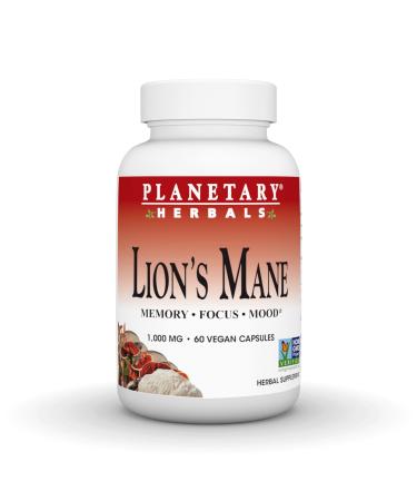 Planetary Herbals Lion's Mane for Memory Focus and Mood* 1 000 mg - 60 Vegan Capsules 1 Count (Pack of 60)