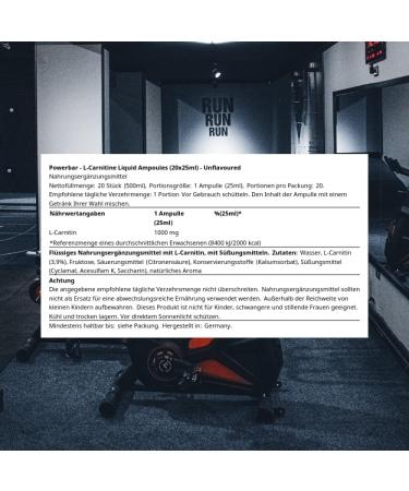 Powerbar L-Carnitine Liquid Ampoules 20x25ml - 1000mg L-Carnitine & Vitamin B6 Supplement - Buy Online on GoSupps.com