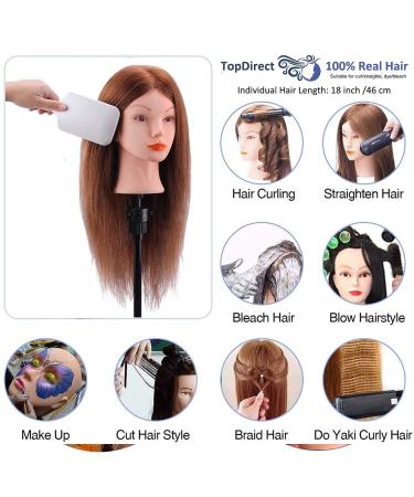 TopDirect 18 Inch Real Hair Exercise Head - Hairdresser Practice Doll with Clamp & DIY Hairstyle Set - Brown - Buy Online on GoSupps.com