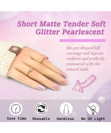 24Pcs Short Square Fake Nails Pink White Glitter Full Cover Glossy Stick on Nails for Women - Style 5 - Buy Online on GoSupps.com