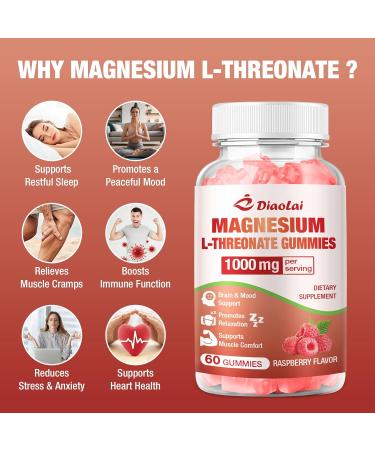 Magnesium L-Threonate Gummies 1000mg - Brain Supplement for Memory & Focus for Adults & Kids - Sugar-Free Non-GMO Raspberry Flavor - 60 Count 1pack - Buy Online on GoSupps.com