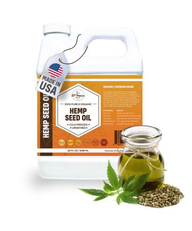 Organic Hemp Seed Oil (32 oz) Premium Cold Pressed Unrefined | 100% Pure Hemp Seed Oil for Skin Face Hair Soap Making Massage | Carrier for Essential Oils | Available in Bulk | 32 FL OZ