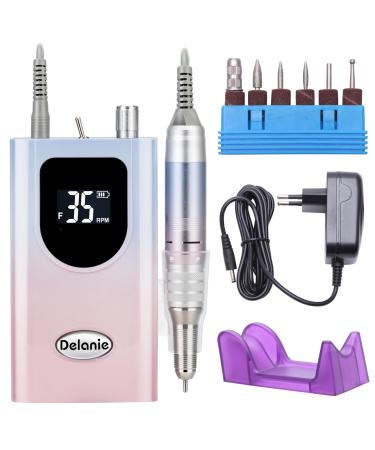 Delanie Nail Drill 35000 RPM Electric Nail Files Rechargeable Portable E File Kit with 6 Drill Bits for Acrylic Nails and Gel Nails UK Plug(Gradient Pink)