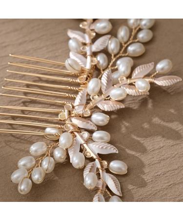 Foyte Wedding Crystal Hair Comb Gold Pearl Bride Headpiece Leaf Side Hair Combs for Women and Girls - Buy Online on GoSupps.com