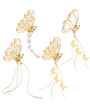 Butterfly Hair Clip 4 Pieces Gold Butterfly Claw Clip Metal Butterfly Hair Claw Nonslip Tassel Hair Clip Butterfly Hair Clamp Tassel Hair Catch Clip Hair Accessories for Women Girls Thick Thin Hair