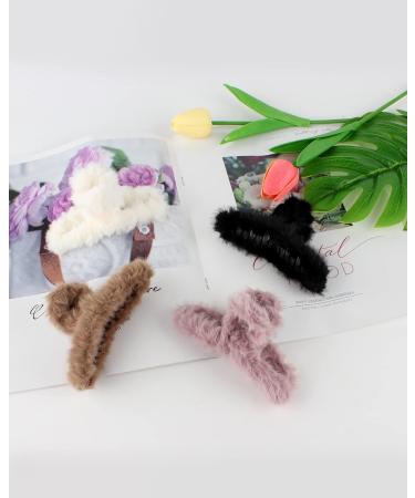 Olldag 4 PACK Large Hair Claw Clips Faux Fur Plush Hair Catch Barrette Jaw Clamp for Women (4.7 inch) - Black, White, Purple, Khaki - Buy Online on GoSupps.com