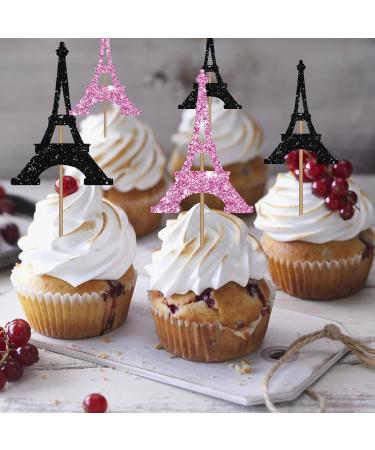 Eiffel Tower Cupcake Toppers Wedding Party Decor Bridal Shower Dessert Cupcake Toppers Paris Themed Birthday Party Decoration - Pink & Black Glitter - Buy Online on GoSupps.com
