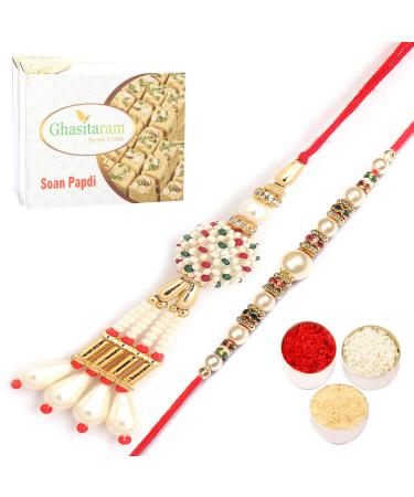 Ghasitaram Gifts Rakhis Online- Shimmering Blessings cl6101 Bhaiya Bhabhi Rakhi with 400 GMS of Soan Papdi