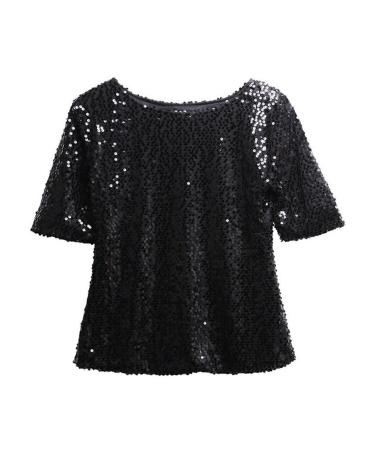 Top ladies T-shirt with sequins luxurious chic elegant short sleeves loose shoulder section shiny versatile fashionable t-shirt streetwear A XL
