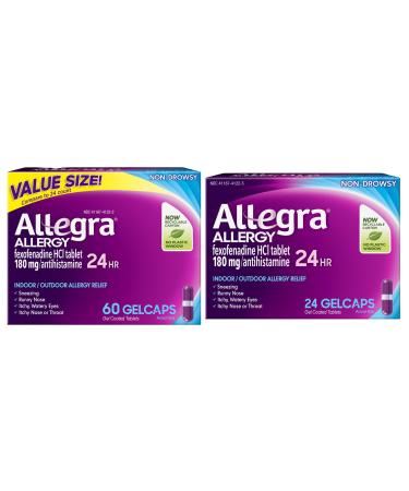 Allegra Adult 24-Hour Allergy Relief Gelcaps Non-Drowsy Indoor and Outdoor Allergy Medicine 180 mg Fexofenadine HCI Antihistamine Pill 60-Count & 24-Count Bundle