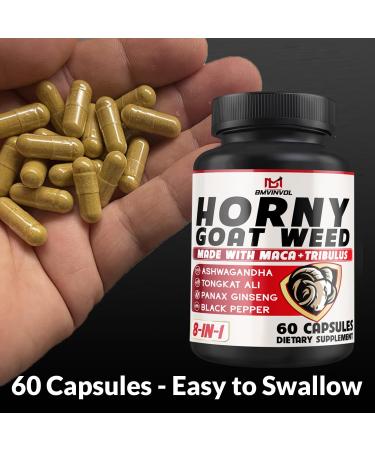 BMVINVOL Horny Goat Weed Capsules with Panax Ginseng Tribulus Ashwagandha Maca Tongkat Ali Nettle Black Pepper - 60 Capsules - Buy Online on GoSupps.com