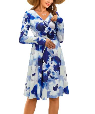 OUGES Womens V-Neck Long/Short Sleeve Casual Floral Maternity Dresses Nursing Gown Breastfeeding Dress with Pockets XL Long Sleeve-floral C