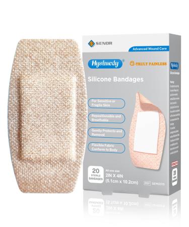 Silicone Bandages Extra Large Size for Sensitive Fragile Skin - 2" x 4" 20 Counts - Latex Free Non Allergenic Hypoallergenic Painless Removal Flexible Fabric Bandages