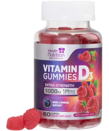 Extra Strength Vitamin D3 Gummies 5000 IU (125 mcg) High Potency Vitamin D Gummy Dietary Supplement for Bone & Immune Support Teeth & Muscle Support Nature's Vitamin D Non-GMO - 60 Gummies 60 Count (Pack of 1)