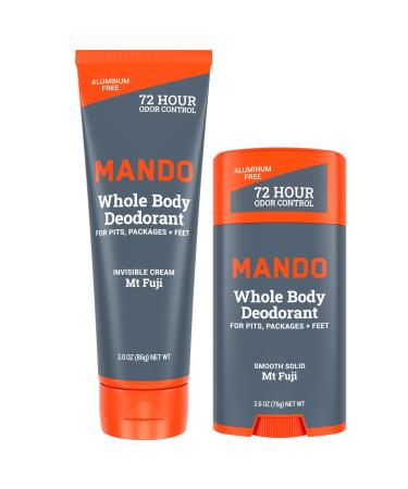 Mando Whole Body Deodorant - Invisible Cream Tube and Solid Stick - 72 Hour Odor Control - Aluminum Free Baking Soda Free Skin Safe - 3.0 Ounce Tube and 2.6 Ounce Solid Stick Bundle - Mt Fuji