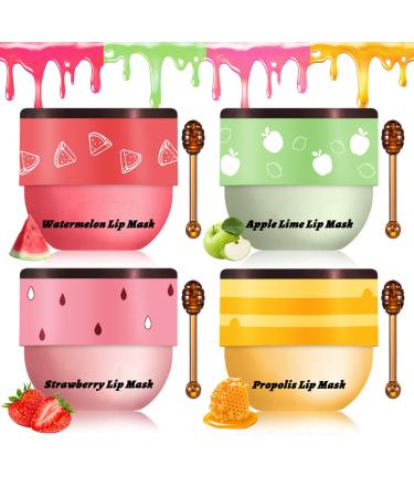 4PCS Bee Lip Balm Honey Pot Honey Strawberry Watermelon Apple Lime Sleeping honey Lip Mask Overnight Hydrating Propolis Honey Pot LipBalm for Dry Lips Care Honey Strawberry Watermelon Apple