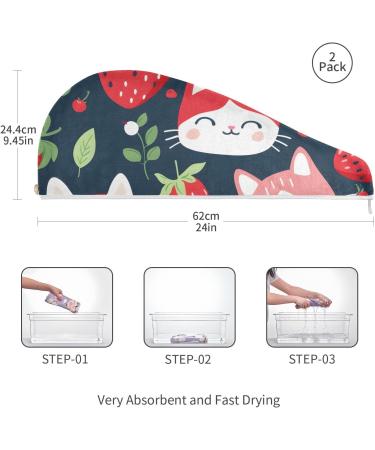 Cute Cat Strawberry Hair Towel 2 Pack - Super Absorbent Quick Dry Hair Turbans for Women & Girls - Buy Online on GoSupps.com