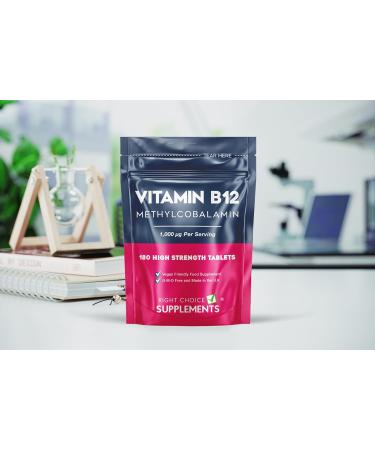 High Strength 1000mcg Vitamin B12 Tablets - Pure Methylcobalamin Supplement for Energy Support - UK Vegan Friendly - 180 Tablets - Buy Online on GoSupps.com