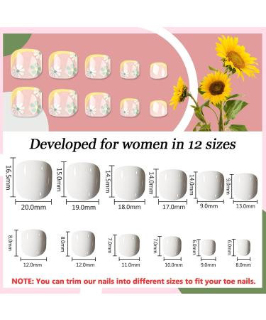 24Pcs Square False Toenails Glossy French Yellow Border Press on Toenails Shiny Stick on Toenails Short Acrylic Full Cover Summer Fake Toenails for Women and Girls Daily Decorations White Green flowers - Buy Online on GoSupps.com