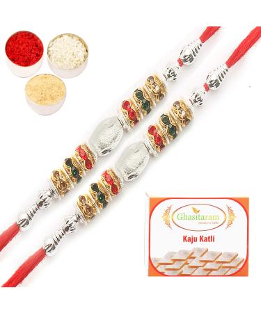 Ghasitaram Gifts Rakhi for Brother Rakhis Online-Set of 2-9884 Fancy Thread Rakhi with 200 GMS of Kaju katli
