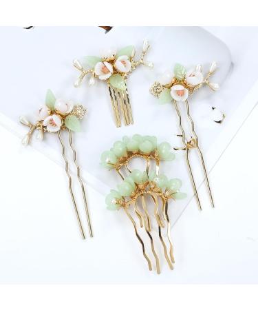 Vintage Asian Chinese Hanfu Pearl Green Jade Hair Combs & Pins Set | Hair Accessories for Women & Girls - Buy Online on GoSupps.com