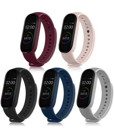 5 Pack Sport Bands for Mi Band 4 Bands & Mi Band 3 Bands, Soft Silicone Replacement Straps for Xiaomi Mi Band 4 & 3 Fitness Tracker (Black+Navy Blue+Gray+Wine Red+Pink Sand)
