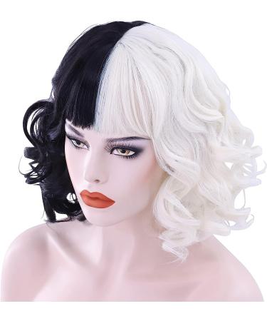 Cruella Deville Wigs Black and White Wigs Short Curly Wig & Wig Cap Wavy Curly Wigs Halloween Cosplay Party Wig for Women Men Halloween Decoration Cosplay supplies - Buy Online on GoSupps.com