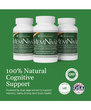 MemNivia Brain Supplements for Memory & Focus | Dual-Sage Stem Cell Formula with Cognivia Bacopa Holy Basil & Ginger | Clinically Proven Mental Clarity Support | 180 Capsules (3 Bottles) | USA Made 60 Count (Pack of 3) - Buy Online on GoSupps.com