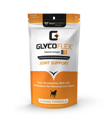VETRISCIENCE Glycoflex Clinically Proven Hip and Joint Supplement with Glucosamine for Dogs Chicken 60 Chews - Vet Recommended Mobility Support Supplement with DMG MSM and Perna