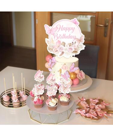 Butterfly Happy Birthday Cake Toppers Set 24 Pcs Butterfly Cupcake Picks with 1 Pc Pink Boho Cake Topper Girls Birthday Party Decorations Supplies - Buy Online on GoSupps.com