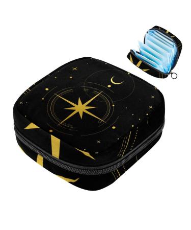Menstrual Pad Bag with Zipper Ladies Napkin Pouch Tampons Collection Bag for Women and Girls (Moon Stars Black)