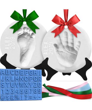 Luna Bean Baby Hand and Footprint Kit - Perfect Baby Keepsake Homemade Ornament Kits for Christmas - Baby Footprint Kit & Inkless Hand and Footprint Kit Holiday Gift - 2Pack W/ Ribbons & Easels