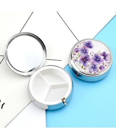 Round Purple Flowers Print Pill Box | 3 Compartment Portable Medicine Organizer | Decorative Metal Pill Case for Travel - Buy Online on GoSupps.com