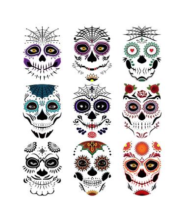 Day of the Dead Sugar Skull Temporary Face Tattoo Kit  9 PCS Web Face Tattoo For Halloween  Party Costume  Men  Women