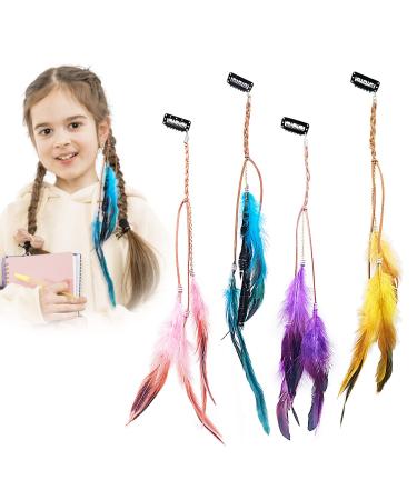 4Pcs Feather Hair Clips Hippie Feather Hair Extension Clip Bohemia Tribal Indian Gypsy Peacock Headpiece Braided Beads Headwear Women Hair Accessories for Carnival Festival Cosplay
