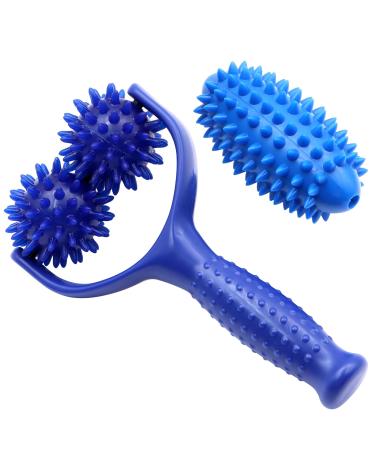Interchangeable massage rolls with handles with 3 hedgehog ball massage ball premium hedgehog ball foot massage fascia roller for relaxation of foot leg and back muscles blue