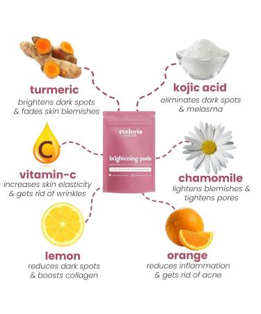 Eveloria Brightening Turmeric & Kojic Acid 30 Face Pads Gentle Exfoliating & Cleansing Pads for Dark Spots Uneven Tone & Dull Skin Natural Glow with Turmeric Kojic Acid & Vitamin C - Buy Online on GoSupps.com