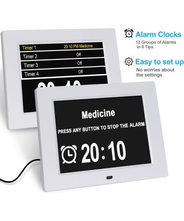 Golony 8 inch Extra Large Digital Day Dementia Clock for Seniors 12 Medication Reminders Calendar Clock with Day of The Week Date Time for Elderly Vision Impaired Memory Loss New White - Buy Online on GoSupps.com
